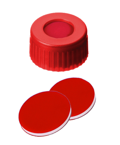 Image de PP Short Thread Cap red, 6 mm centre hole, PTFE/Silicone slit septum