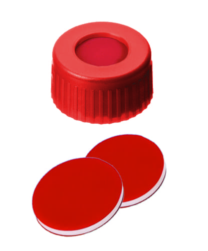Image de PP Short Thread Cap red, 6 mm centre hole, PTFE/Silicone/PTFE slit septum